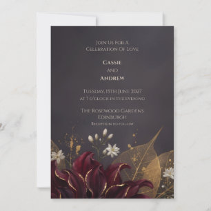 Burgundy Floral Gold Leaf Wedding Invitation