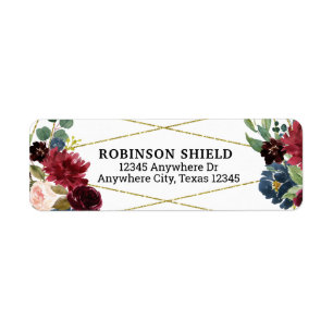 Burgundy Floral Gold Mariage Adresse de retour Lab