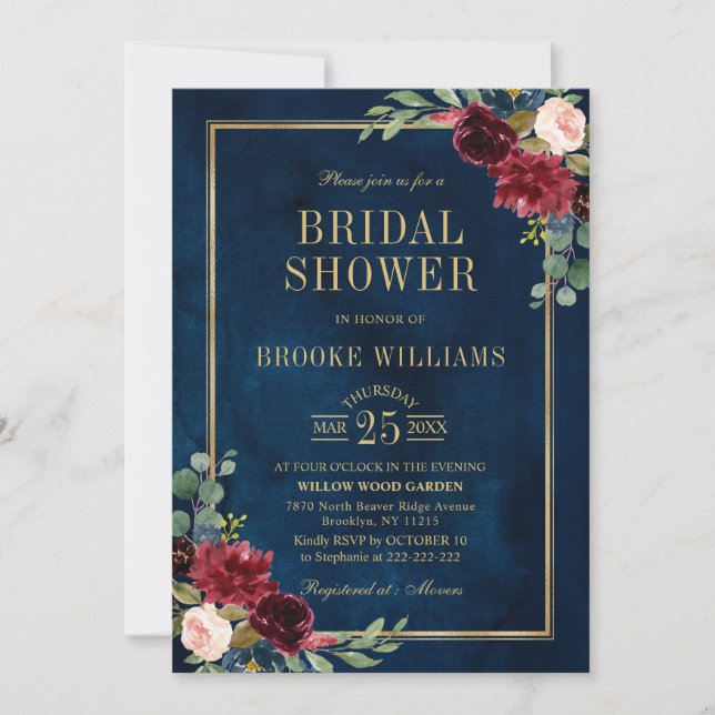 Burgundy Floral Gold Navy Blue Bridal Shower Invitation (Front)