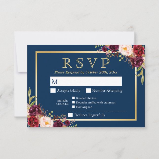 Burgundy Floral Gold Navy Blue Meal Options RSVP Card (Front)