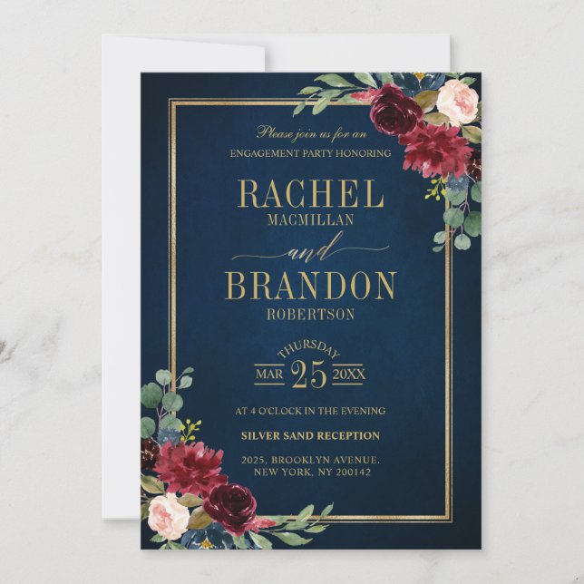 Burgundy Floral Gold Navy Blue Rustic Engagement Invitation (Front)