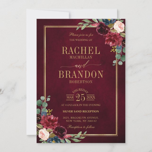 Burgundy Floral Gold Navy Blue Rustic Wedding Invi Invitation (Front)