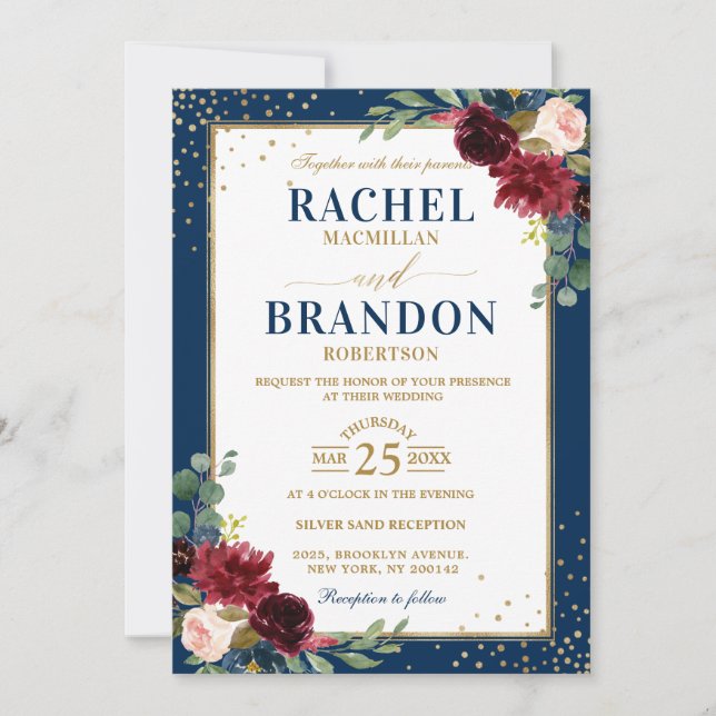 Burgundy Floral Gold Navy Blue Rustic Wedding Invitation (Front)