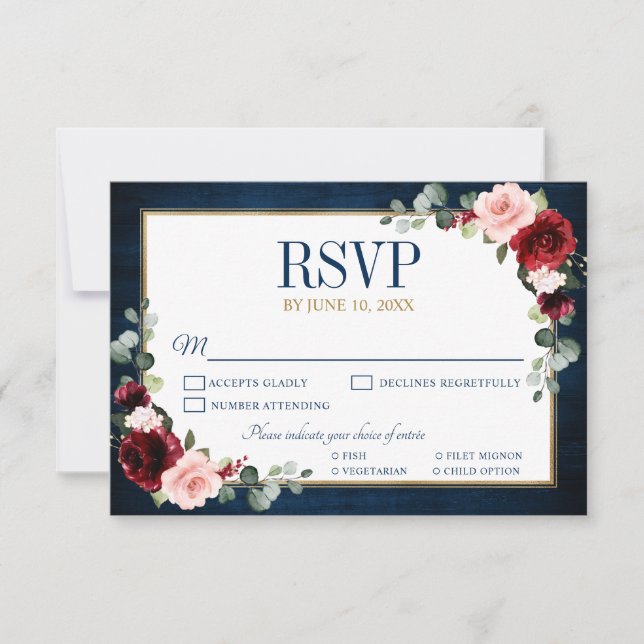 Burgundy Floral Gold Navy Blue Rustic Wedding RSVP (Devant)