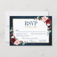 Burgundy Floral Gold Navy Blue Rustic Wedding RSVP