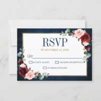 Burgundy Floral Gold Navy Blue Rustic Wedding RSVP