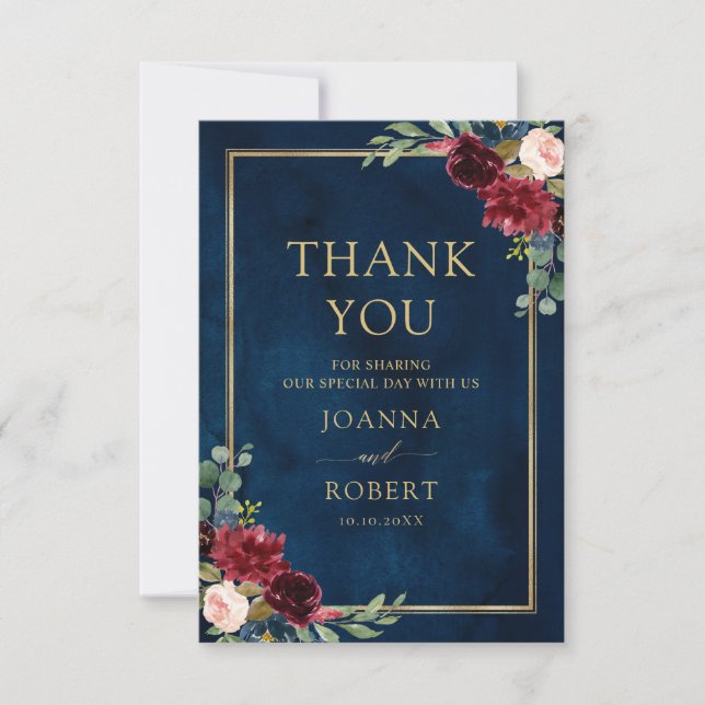 Burgundy Floral Gold Navy Blue Rustic Wedding Thank You Card (Front)