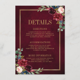 Burgundy Floral Gold Navy Blue Wedding Details Enc Enclosure Card
