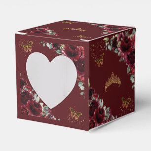 Burgundy Floral Gold Quinceanera 15 16 XV Mini Favor Box