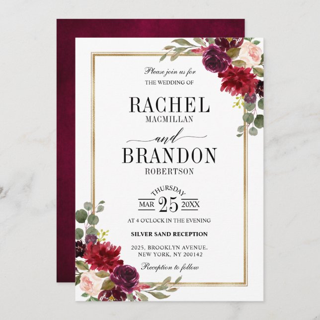 Burgundy Floral Gold Rustic Wedding Invitation (Front/Back)