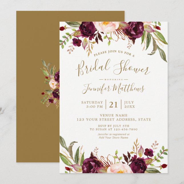 Burgundy Floral Gold Script Rustic Bridal Shower Invitation (Front/Back)
