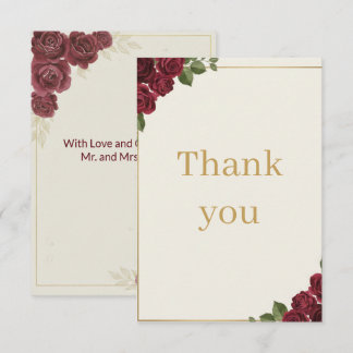 Burgundy Floral Gold Script Wedding Thank You Card