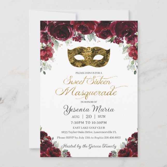 Burgundy Floral Gold Sweet Sixteen Masquerade Mask Invitation (Front)
