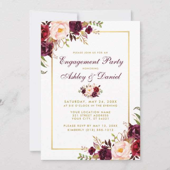 Burgundy Floral Gold Wedding Engagement Invite B (Front)