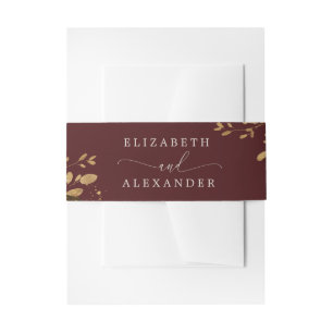 Burgundy floral gold wedding invitation belly band
