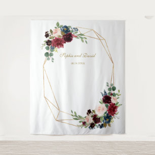 Burgundy Floral Gold Wedding Photo Booth Backdrop Tapestry