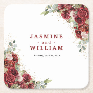 Burgundy Floral  Gold  Wedding  Square Paper Coaster