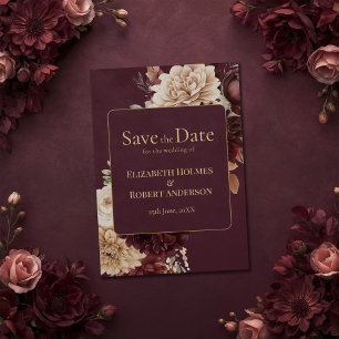 Burgundy Floral Gothic Save the Date Card