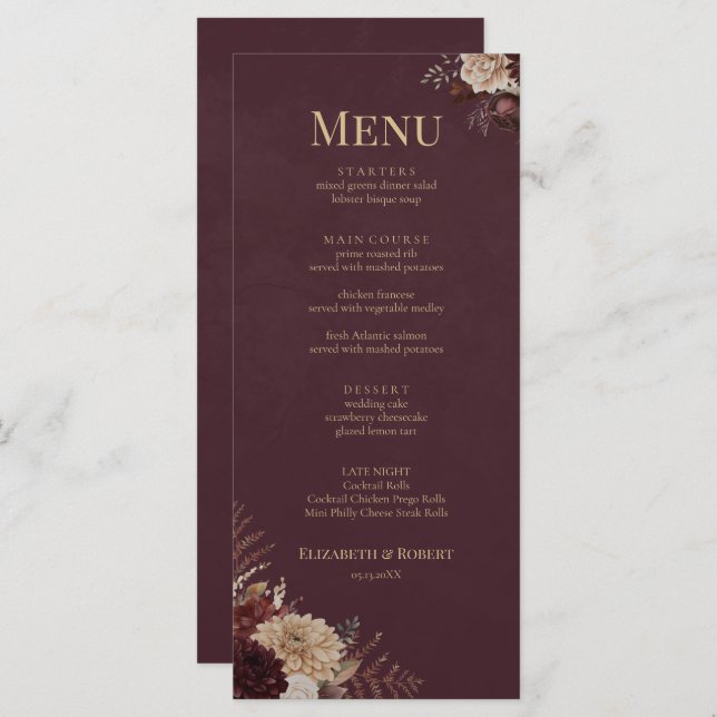 Burgundy Floral Gothic Wedding Menu (Front/Back)