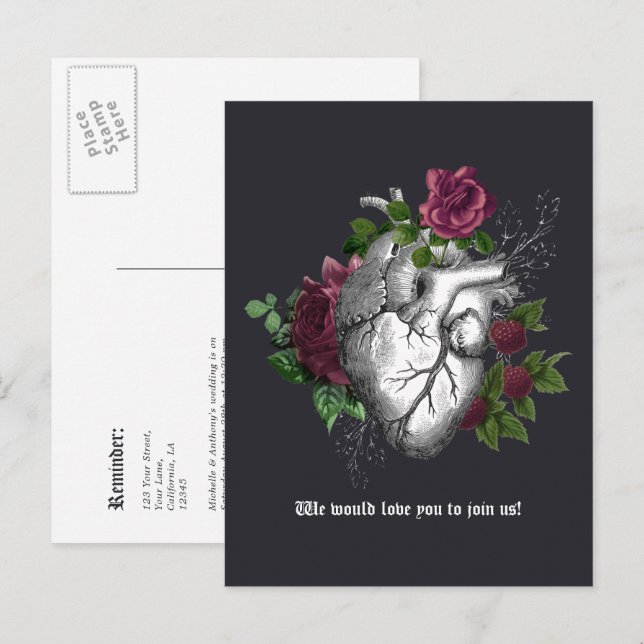 Burgundy Floral Gothic Wedding Reminder Postcard (Front/Back)