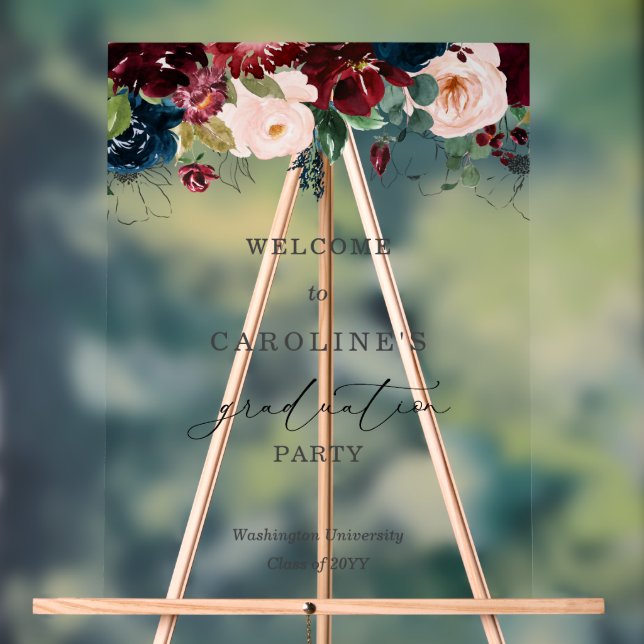 Burgundy Floral Graduation Welcome Acrylic Sign (Neutral)