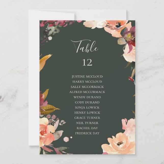 Burgundy Floral | Green Table Number Seating Chart (Front)