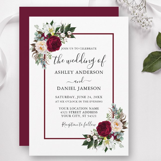Burgundy Floral Greenery Calligraphy Wedding Invitation (Customize to change text color, style, add text & photos to back or change color of back of card.)
