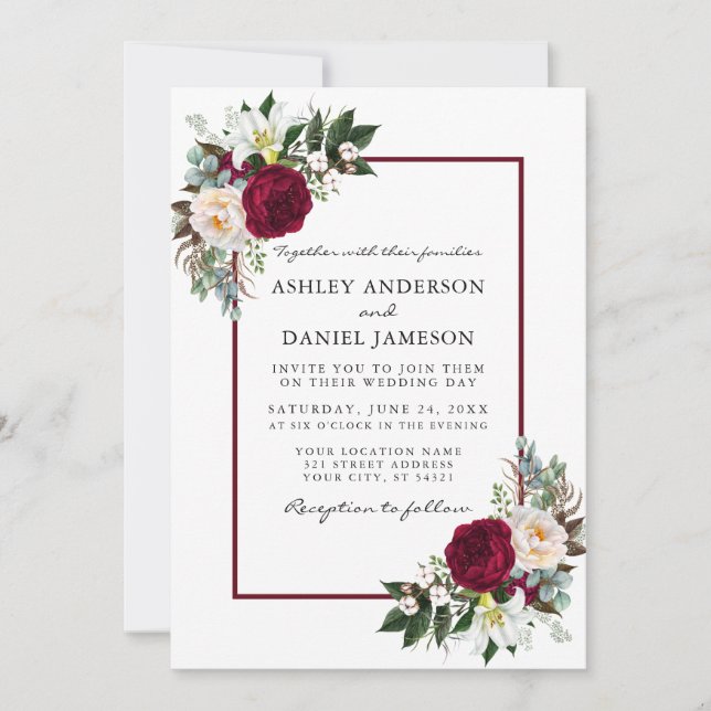 Burgundy Floral Greenery Framed Wedding Invitation (Front)