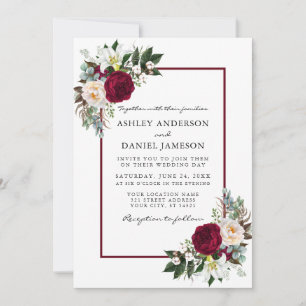 Burgundy Floral Greenery Framed Wedding Invitation