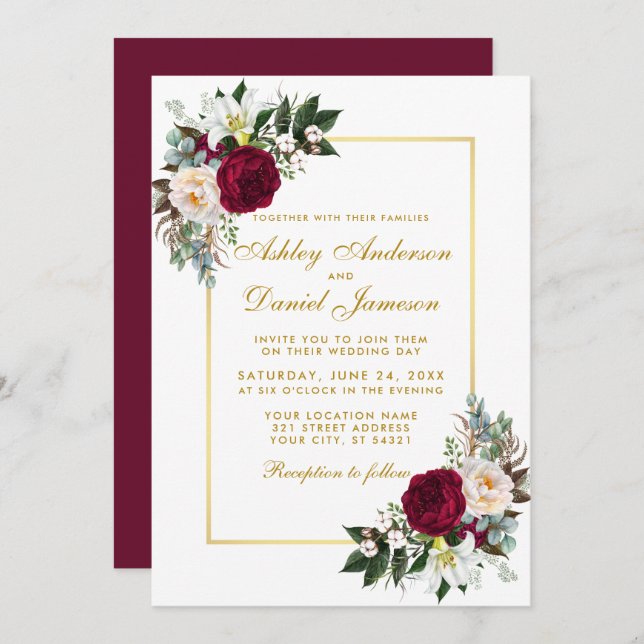 Burgundy Floral Greenery Gold Frame Wedding Invitation (Front/Back)