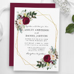 Burgundy Floral Greenery Gold Frame Wedding Invitation<br><div class="desc">Modern Elegant Watercolor Burgundy Floral Greenery,  Gold Geometric Frame,  Wedding Invitation includes peonies,  eucalyptus leaves and other beautiful greenery.</div>