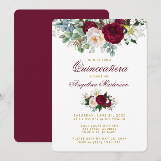 Burgundy Floral Greenery Gold Quinceanera Invitation (Front/Back)
