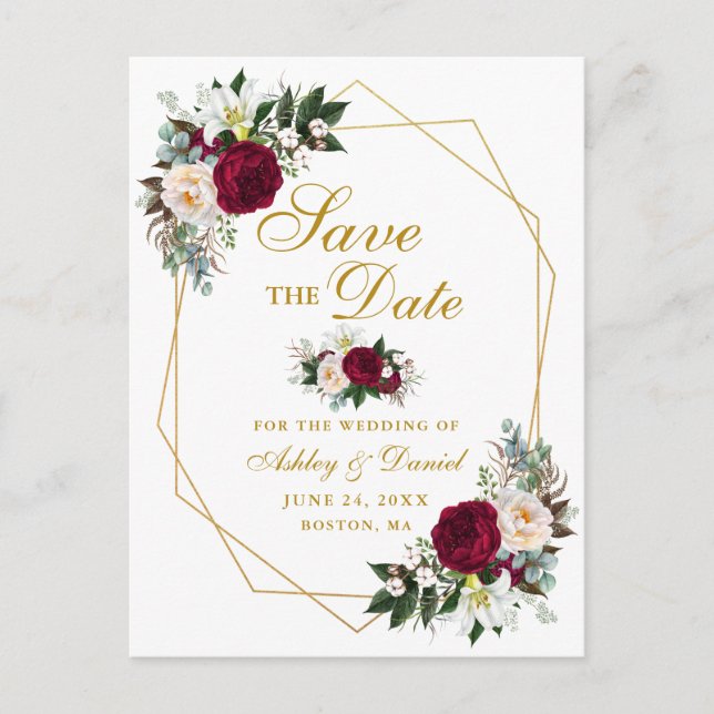 Burgundy Floral Greenery Gold Save The Date Announcement Postcard (Front)