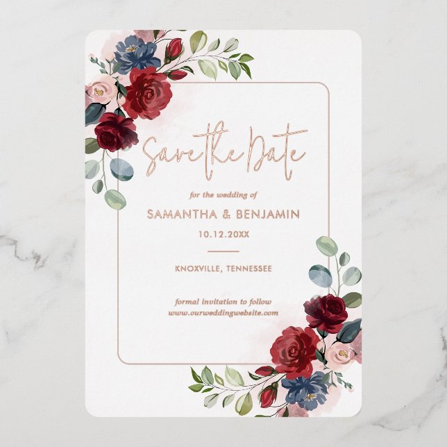 Burgundy Floral Greenery Save the Date Rose Gold (Front)