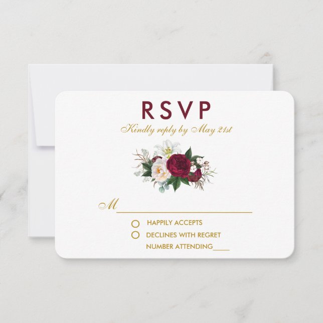 Burgundy Floral Greenery Wedding Gold RSVP Card (Front)