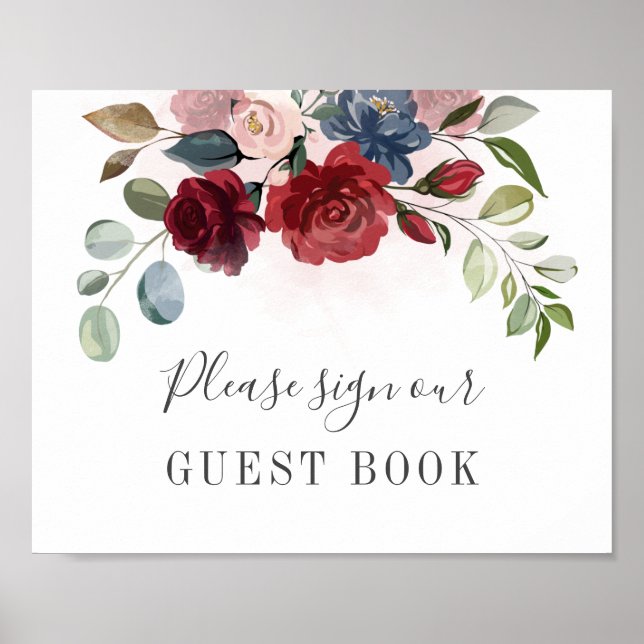 Burgundy Floral Greenery Wedding Guest Book Sign (Front)