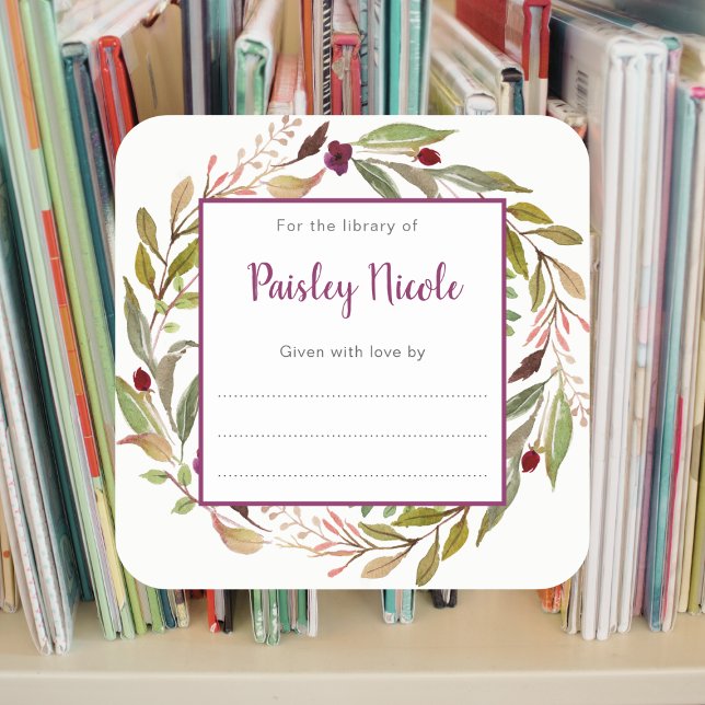 Burgundy Floral Greenery Wreath bookplate Square Sticker (Creator Uploaded)