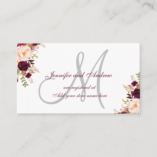Burgundy Floral Grey Monogram Wedding Registration Enclosure Card (Front)