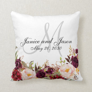 Burgundy Floral Grey White Monogram Wedding Throw Pillow