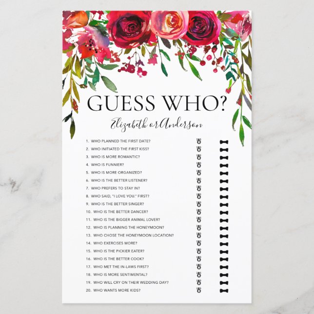 Burgundy Floral Guess Who Bridal Shower Game (Front)