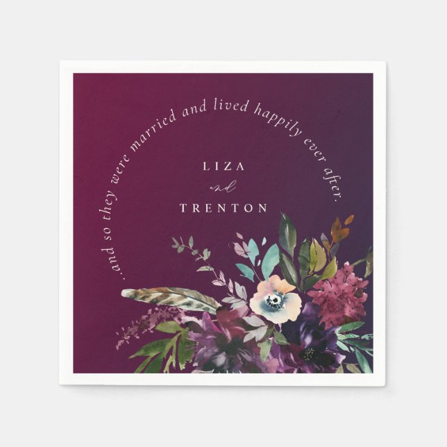 Burgundy Floral Happily Ever After Quote Wedding Napkin (Front)