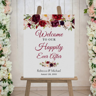 Burgundy Floral Happily Ever After Wedding Sign