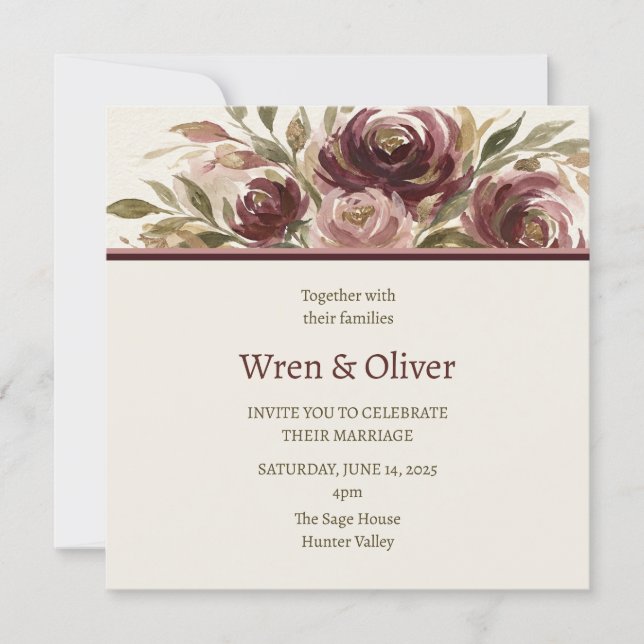 Burgundy Floral Header Wedding Invitation (Front)