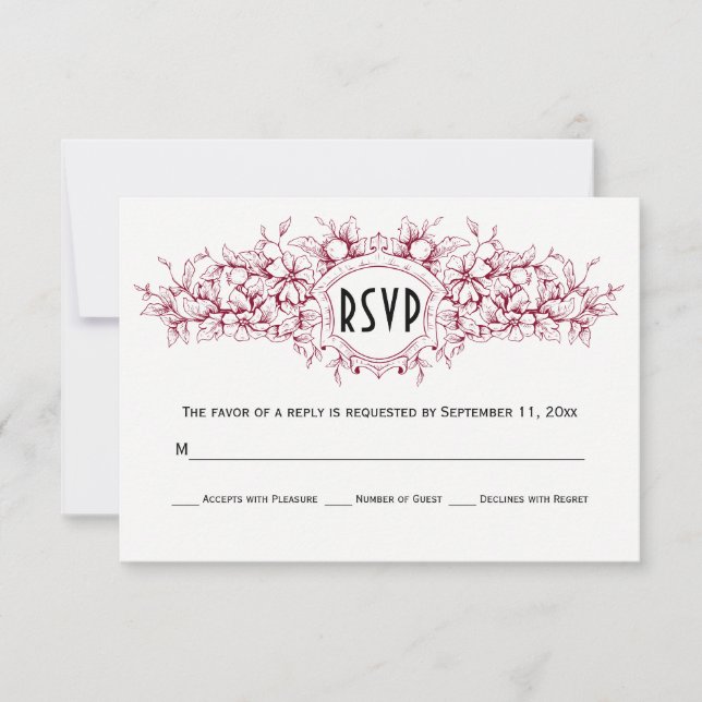 Burgundy floral heraldic crest wedding RSVP card (Front)