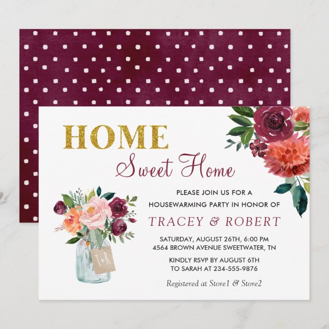 Burgundy Floral Home Sweet Home Housewarming Invitation (Front/Back)
