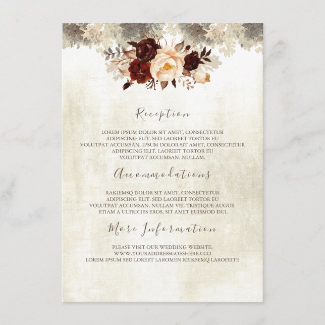 Burgundy Floral Information Mariage Carte d'hôte (Devant)