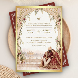 Burgundy Floral Ivory Arch Sikh Wedding Invitation