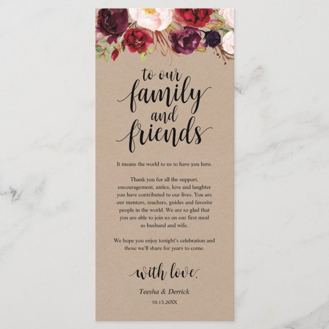 Burgundy Floral Kraft Place Setting Thank You Card (Front)