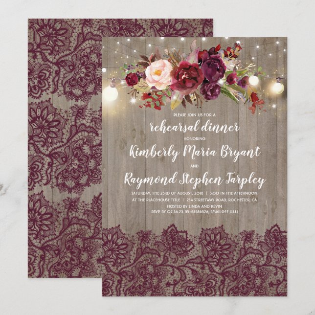Burgundy Floral Lace Rustic Rehearsal Dinner Invitation (Front/Back)