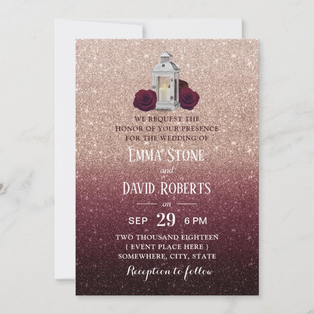 Burgundy Floral Lantern Rose Gold Ombre Wedding Invitation (Front)
